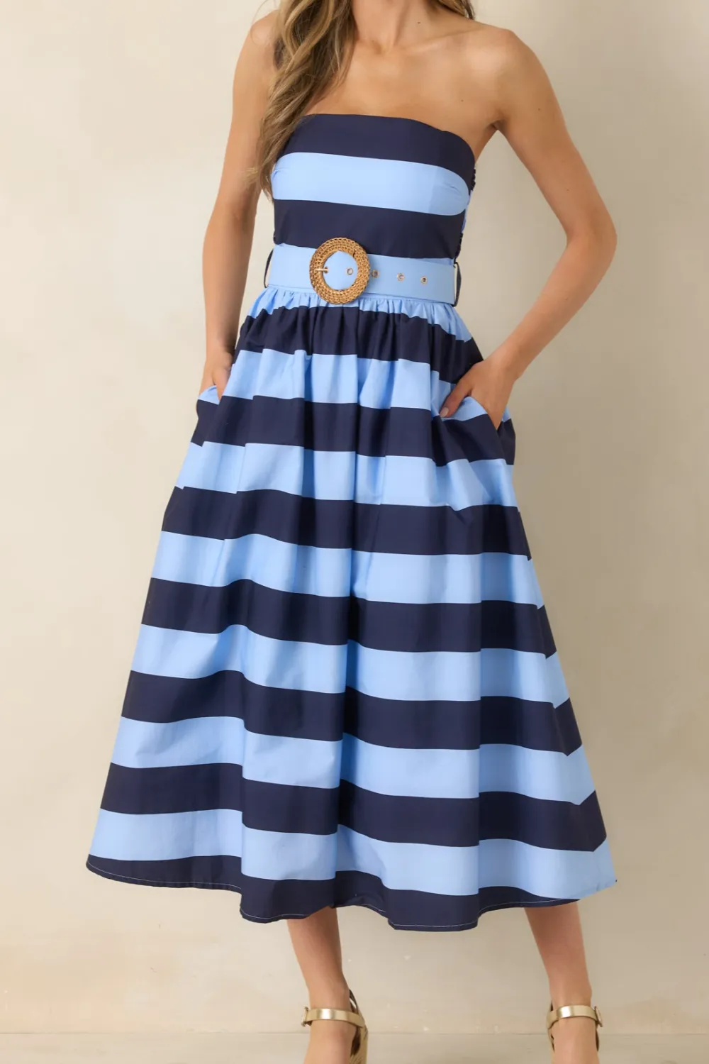 Striped Strapless Midi Dress
