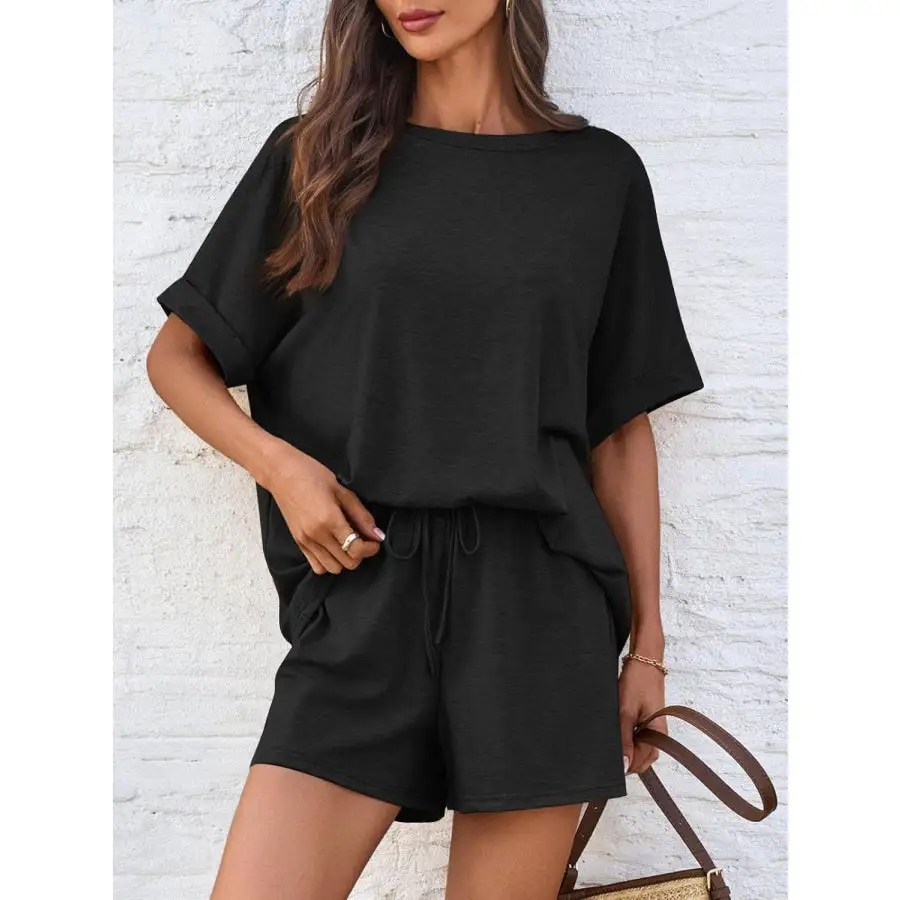 Round Neck T Shirt and Drawstring Shorts Set