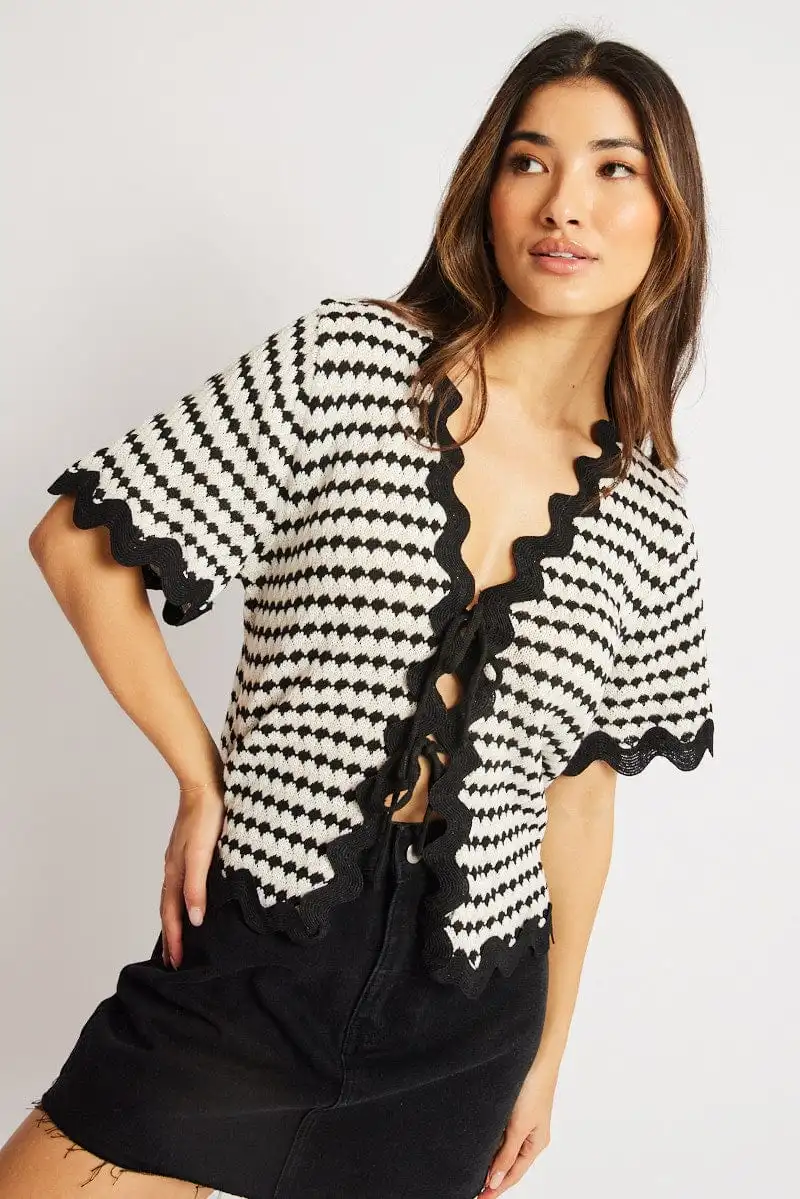 Multi Stripe Knit Cardigan Short Sleeve Tie Up