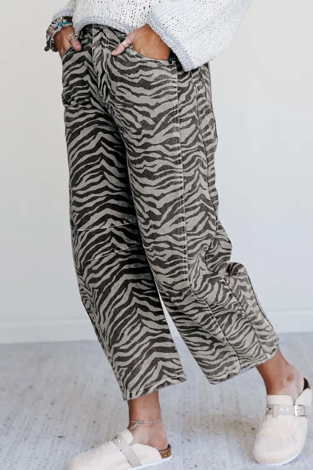 Zebra Stripe Printed Wide Leg Jeans