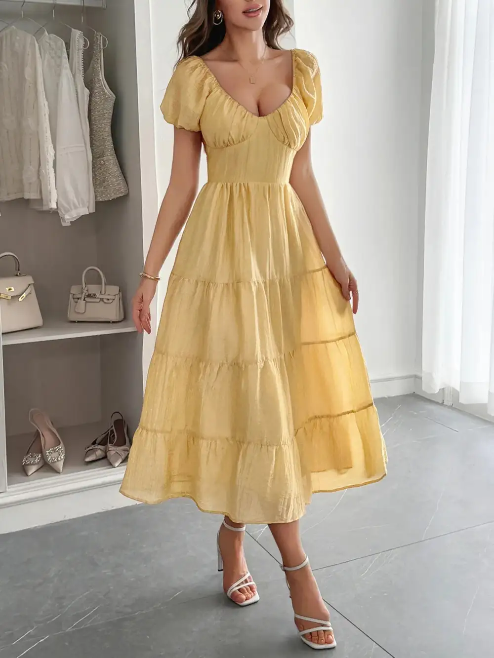 V Neck Short Sleeve Midi Dress