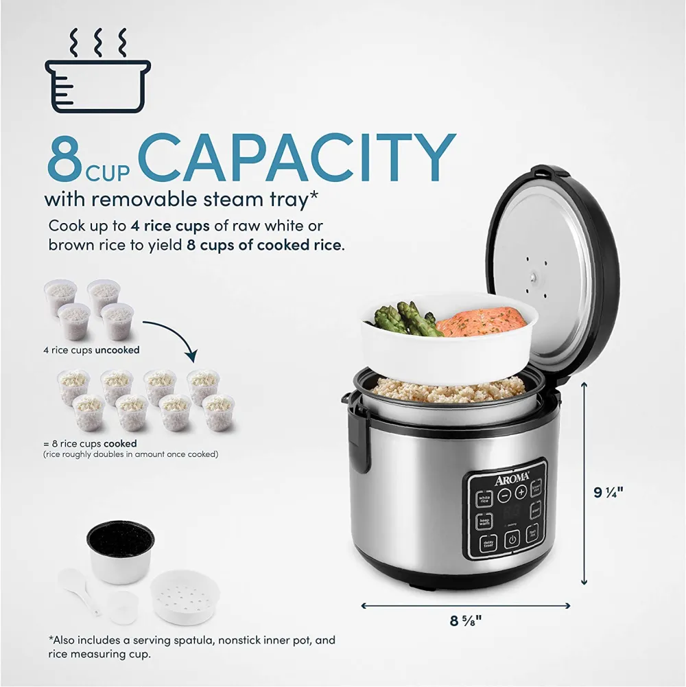 Rice Grain Cooker and Food Steamer, Stainless, Silver, 4-Cup (Uncooked) / 8-Cup (Cooked)