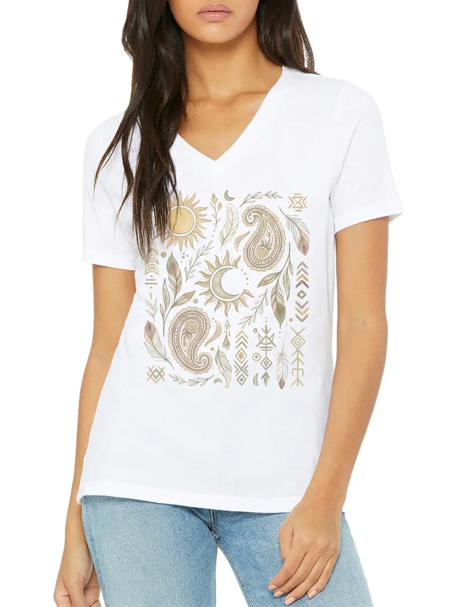 Women's Boho Celestial Paisley Feather Printed V-Neck T-Shirt