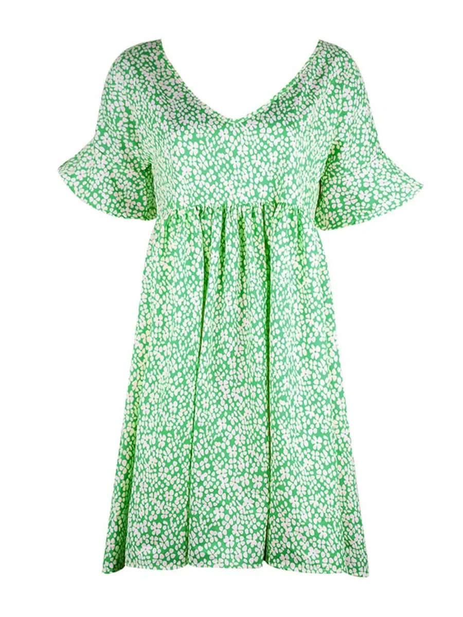 Summer Floral Print V-neck Flare Sleeve Dress