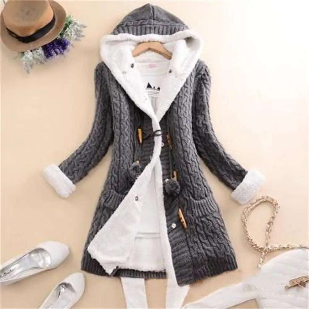 Women's Plush Hooded Knit Cardigan Coat with Buttons and Pockets in 6 Colors S-5XL