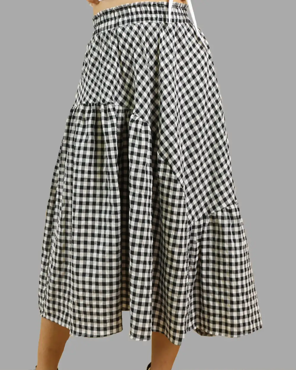 Plaid Linen Flared Midi Skirt