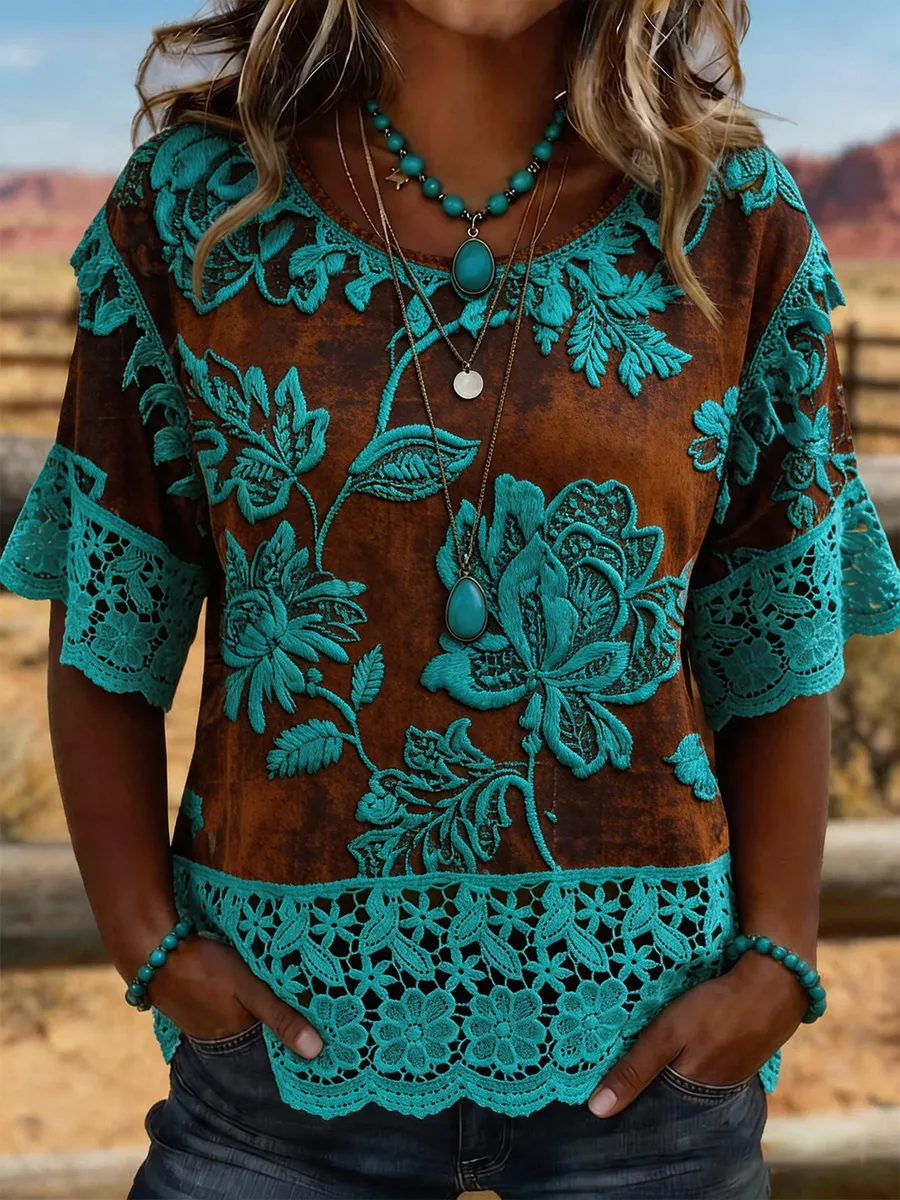 Women's Retro Ethnic Floral Casual Top