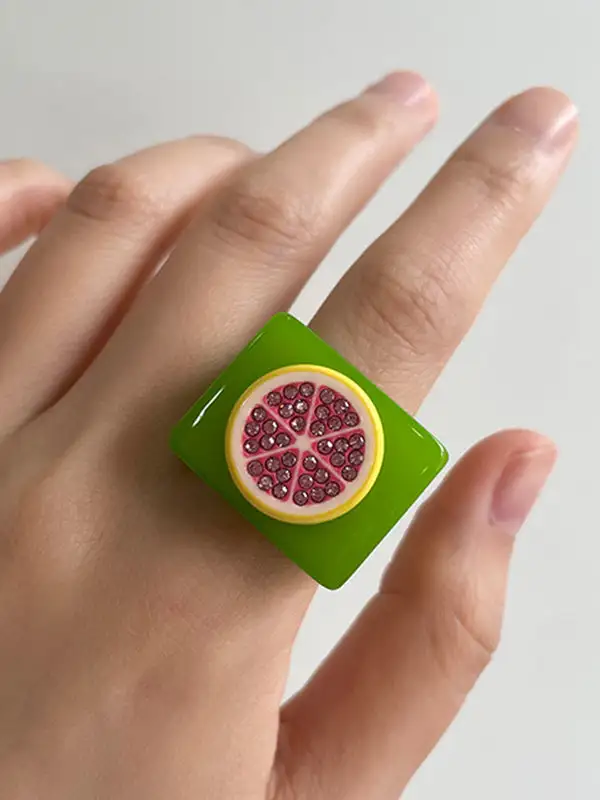 Geometric Fruit Motif Rhinestone Ring