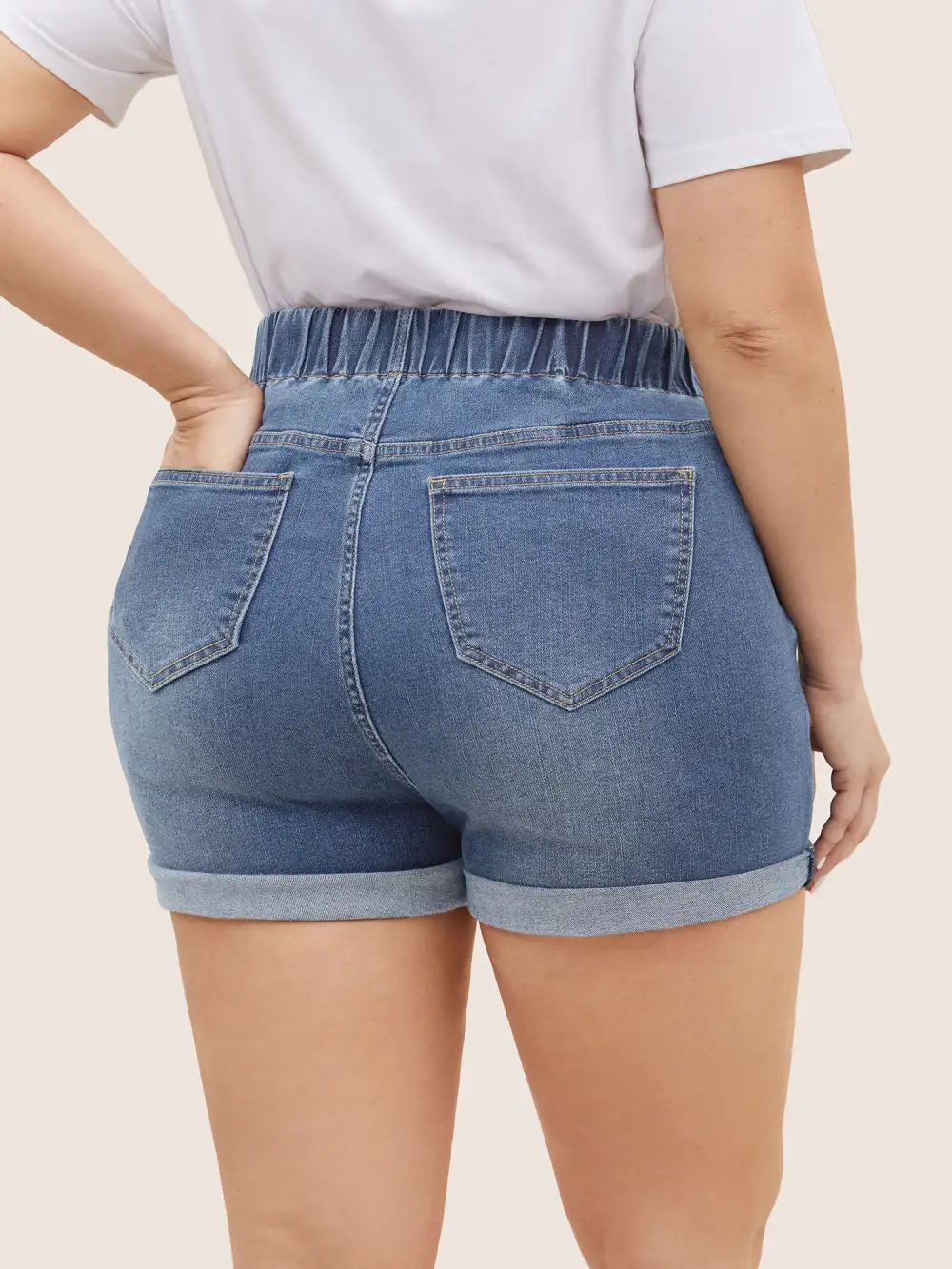 Dark Wash Elastic Waist Roll Hem Denim Shorts