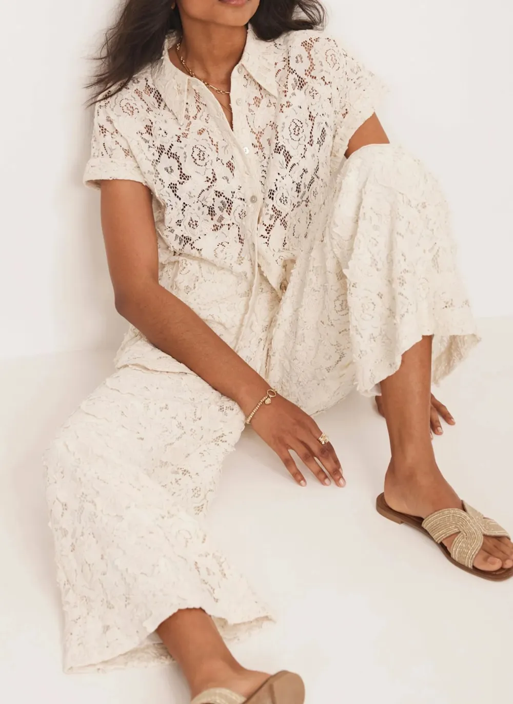 Casual Style Cream Lace Wide Trousers