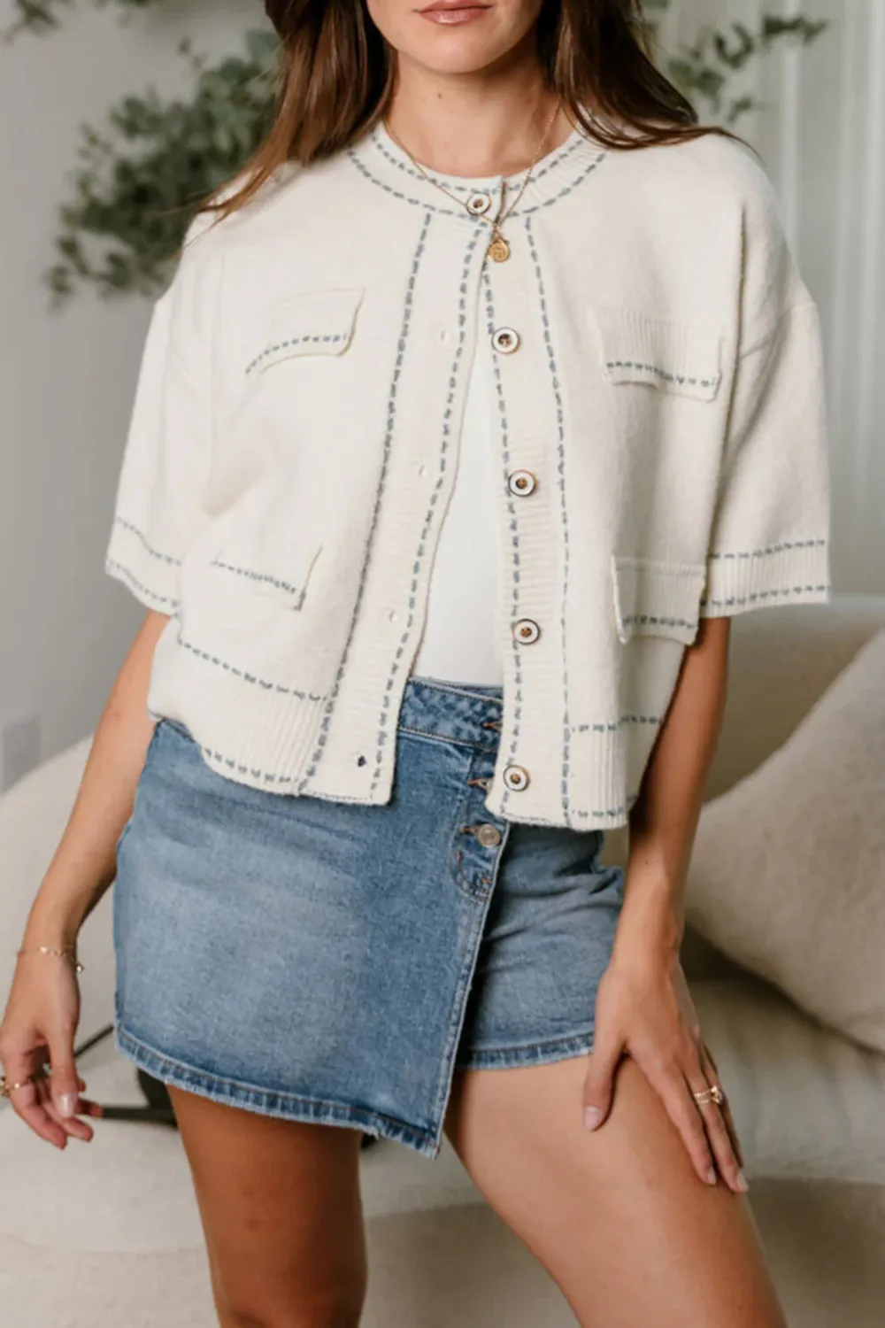Contrast Color Stitch Button Up Cardigan