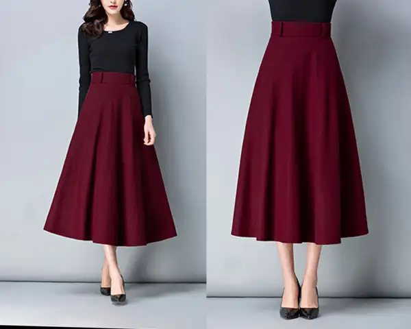 Relaxed Belted Wool Flared Maxi Skirt