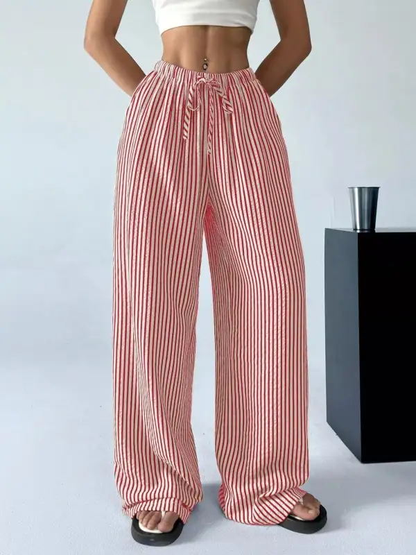 Full Size Striped Drawstring Waist Wide Leg Pants