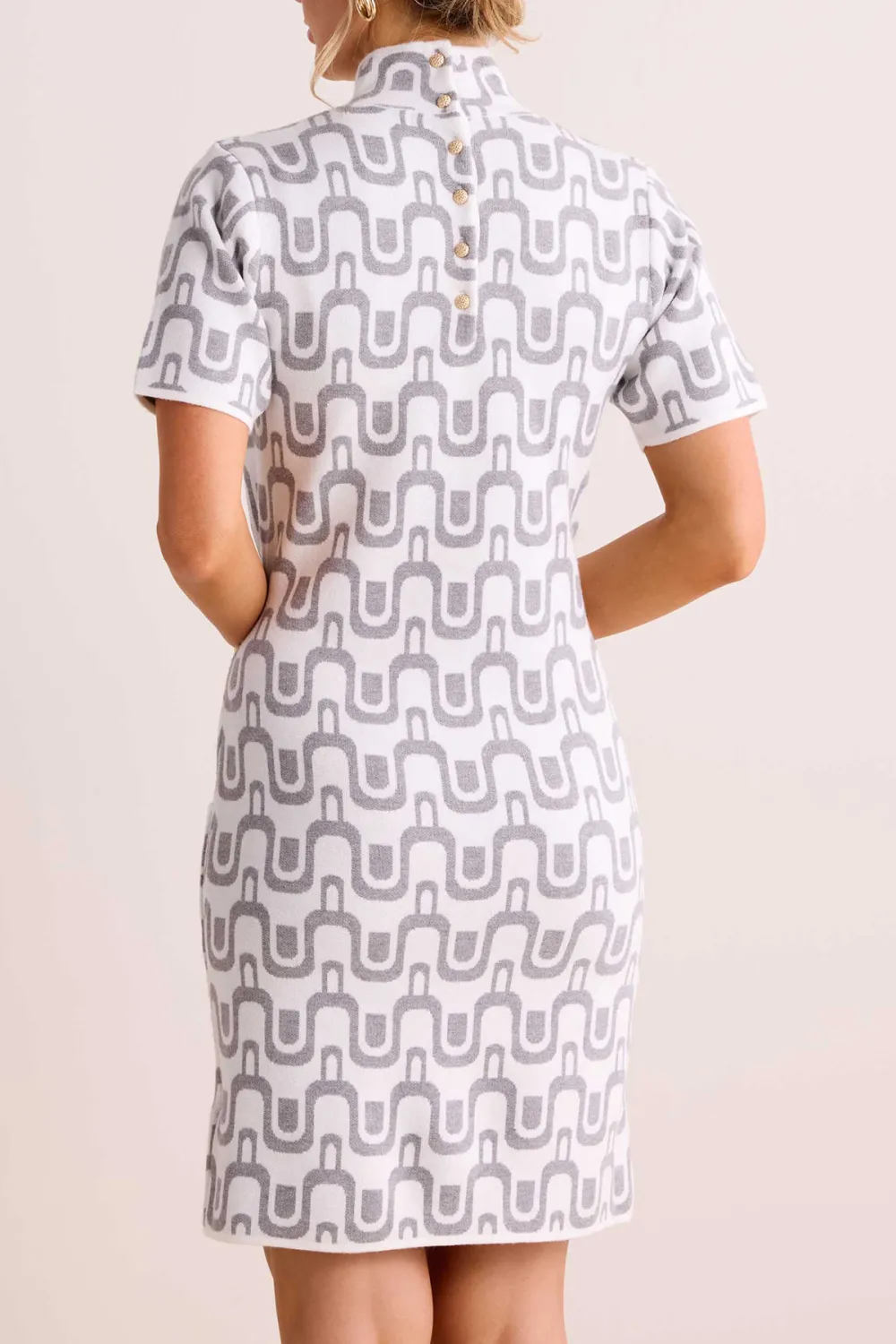 Cream Geometric Print High Neck Dress