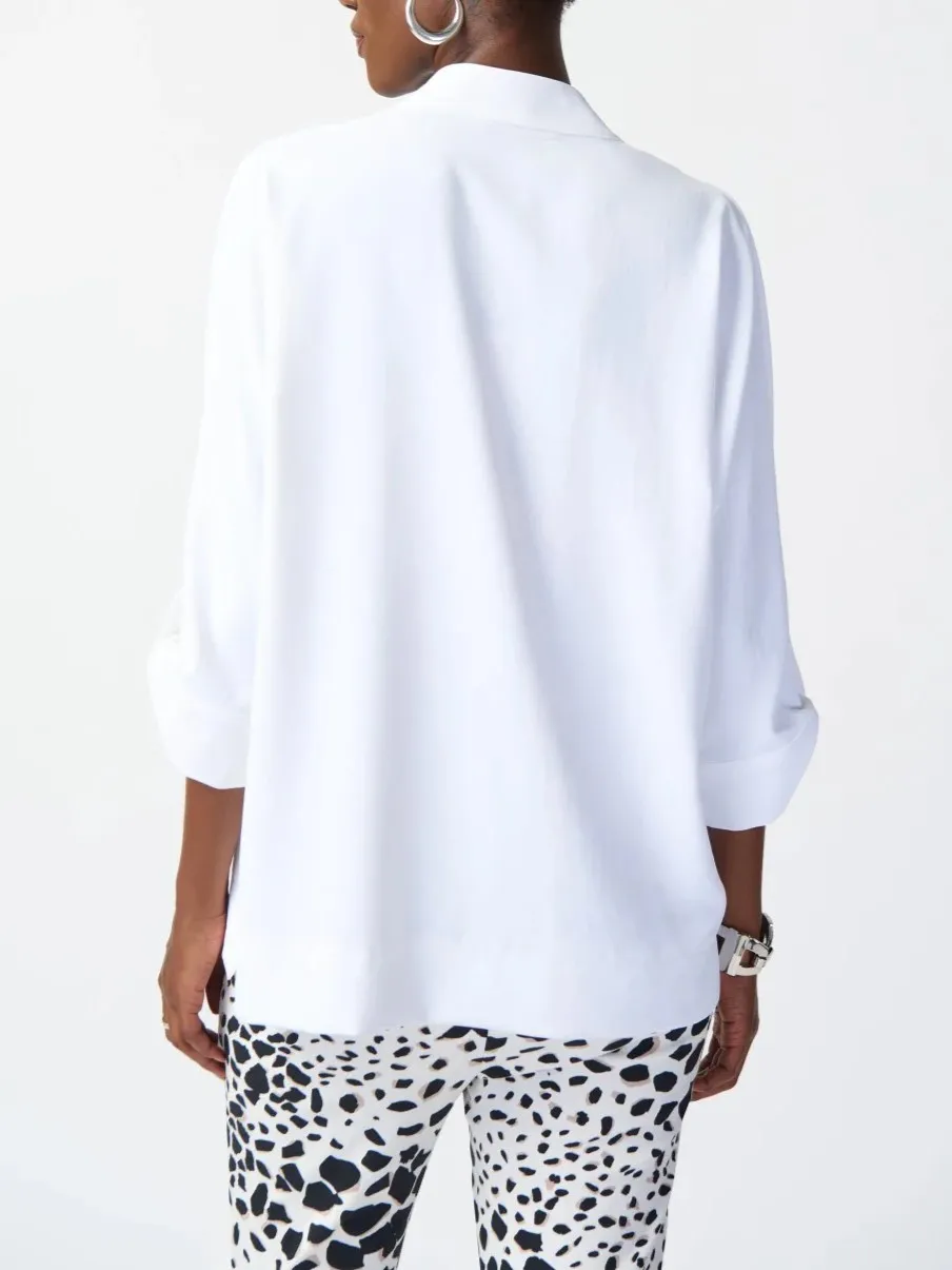 White V - Neck Roll - Sleeve Blouse