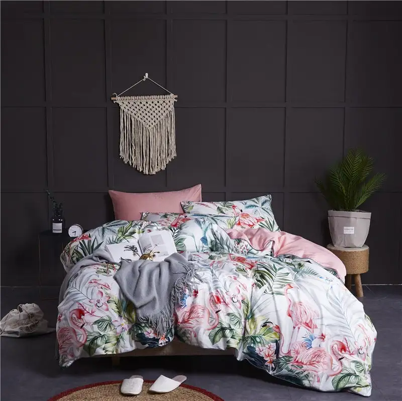 (Store Closing Sale) 6Pcs Luxury Egyptian Cotton Bedding Set Bright Flamingo Leaf Duvet Cover Bed Fitted sheet