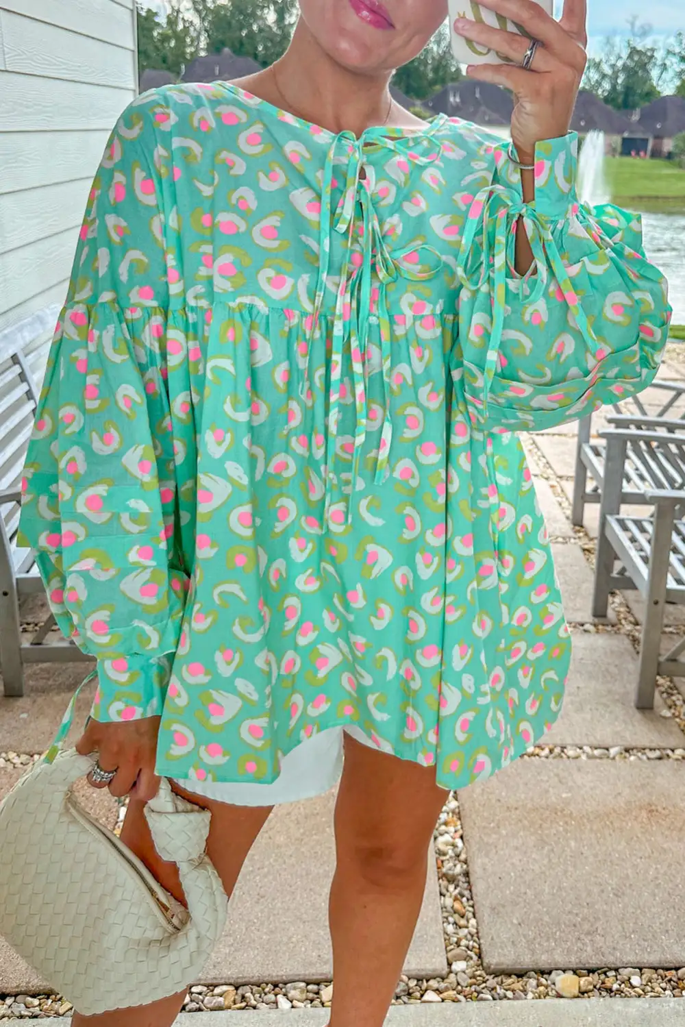 Green Abstract Printed Lace-Up Lantern Sleeve Babydoll Blouse