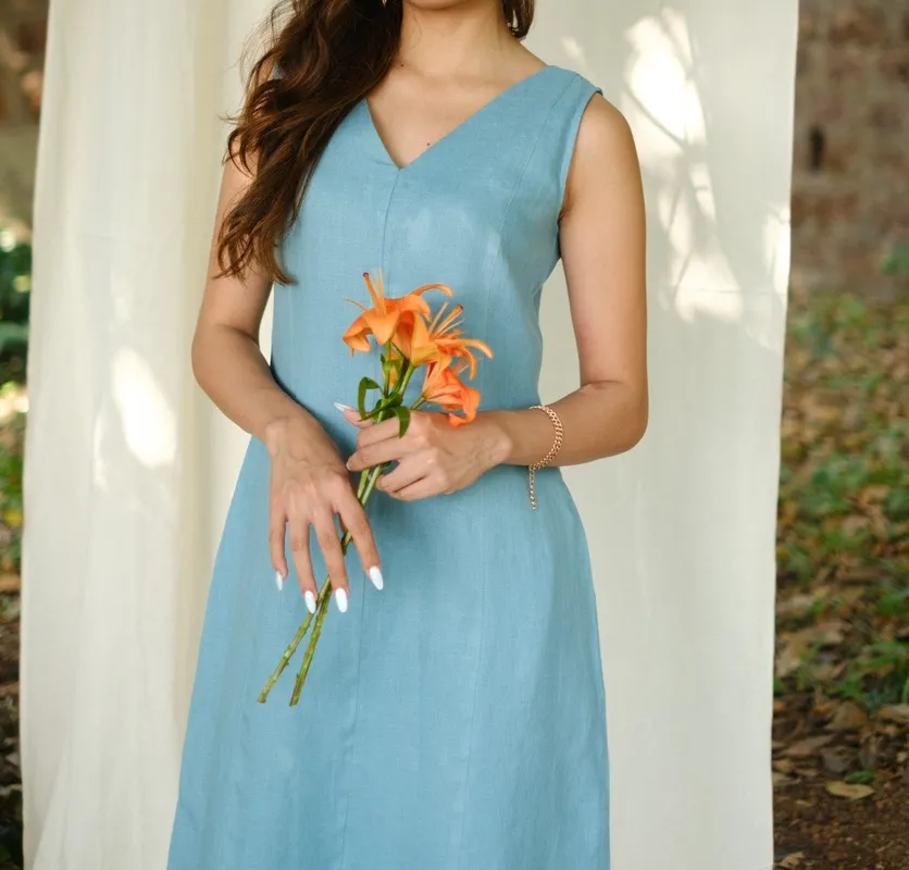 Aqua Linen V-Neck Midi Dress