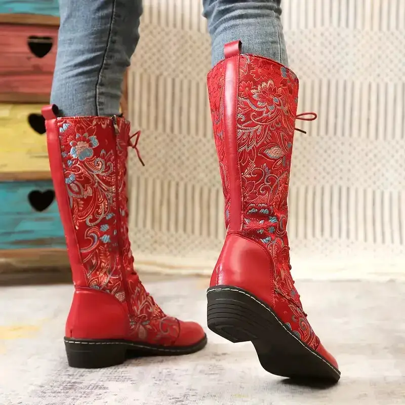 Embroidered Lace-Up Knee High Boots