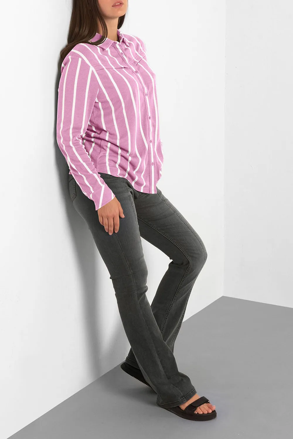 Zipper Chest Pocket Striped Fashion Ladies Shirt