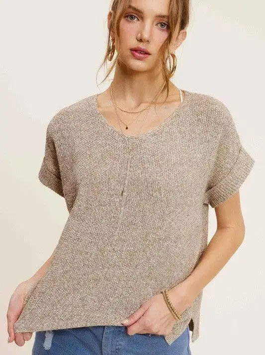 Classy and Fabulous Soft V-Neck Short Sleeve Sweater Top