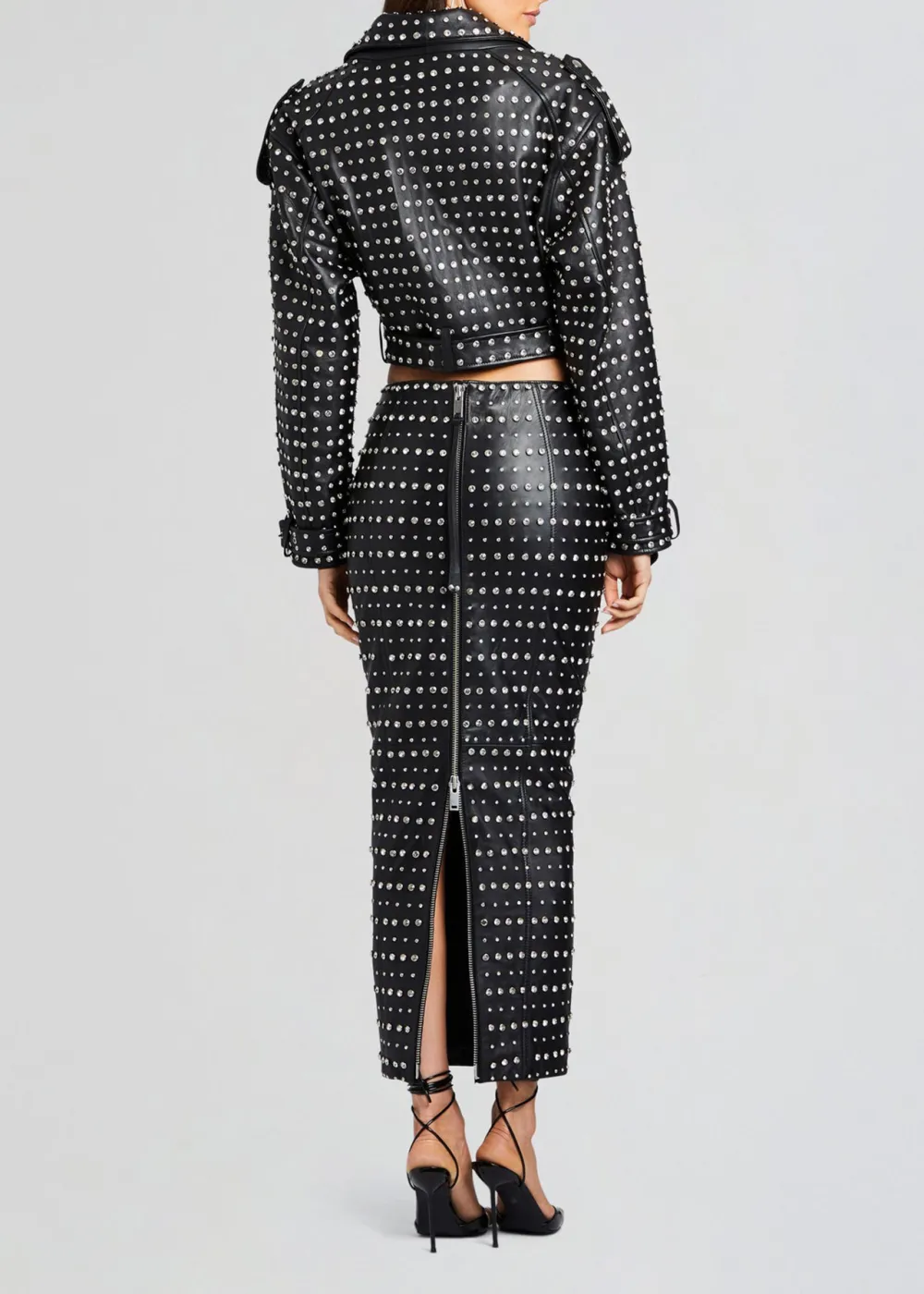 Lapel Embellished Leather Jacket