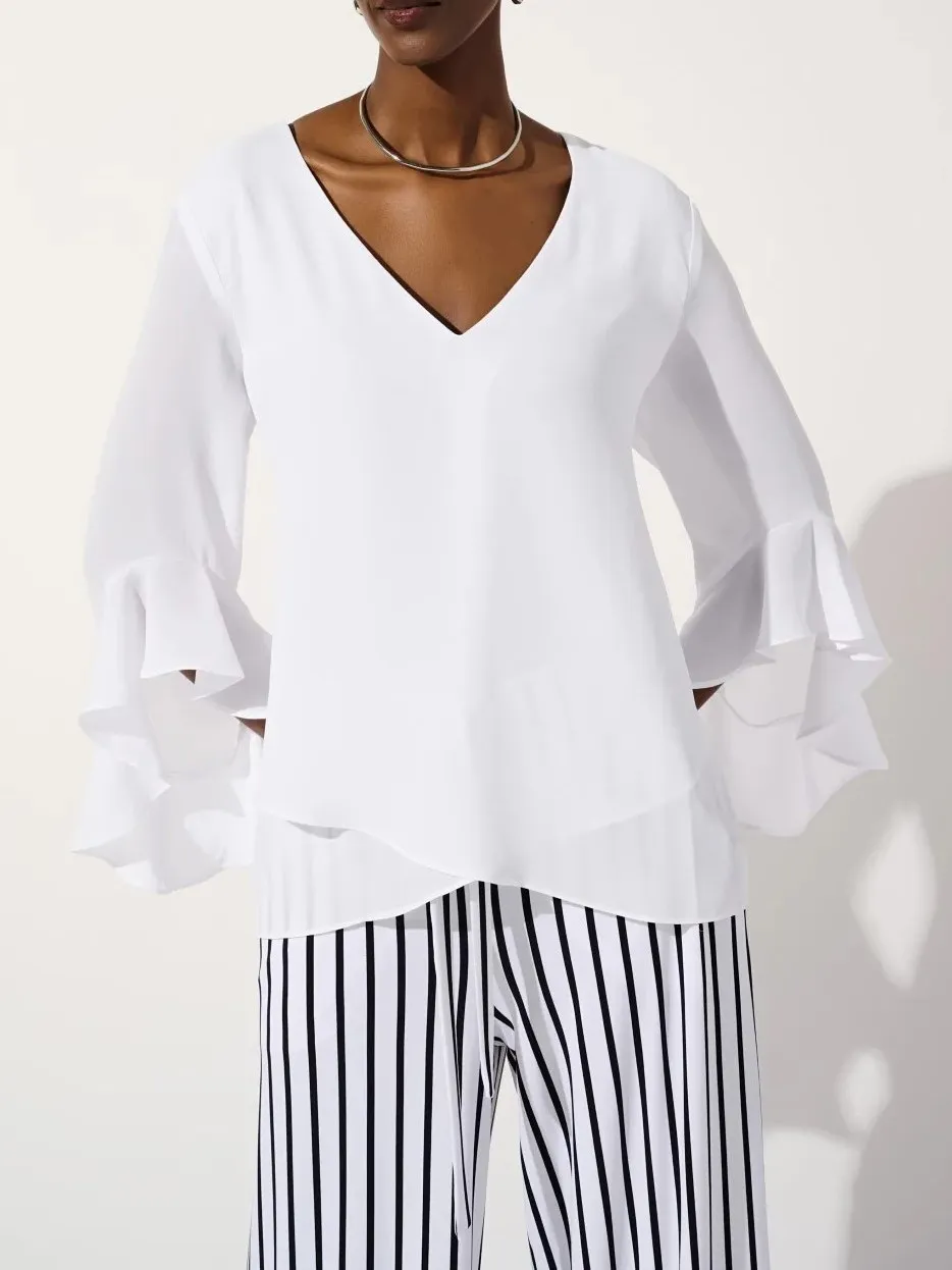White V - Neck Bell - Sleeve Blouse