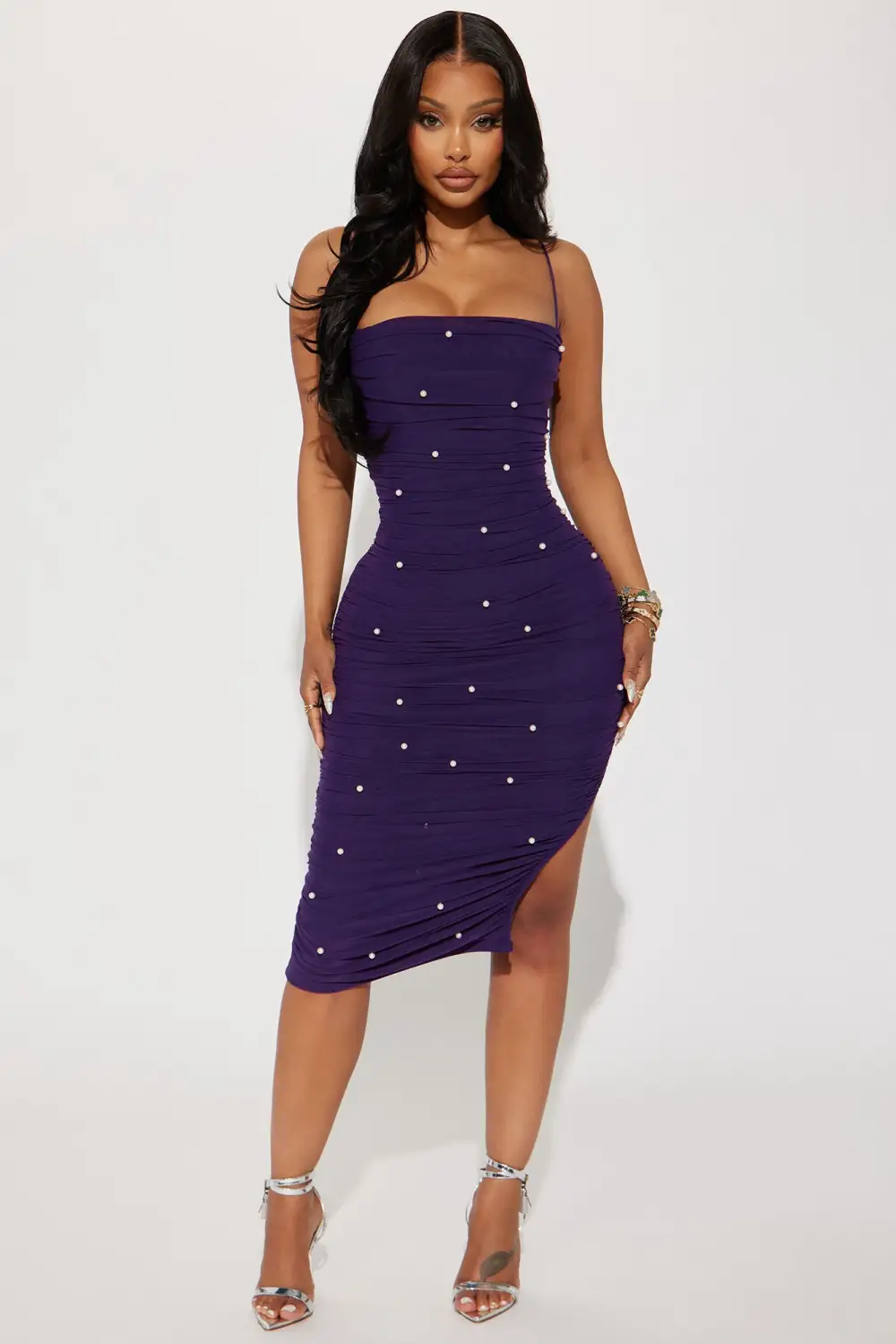 Catherine Pearl Embellished Mesh Midi Dress - Violet