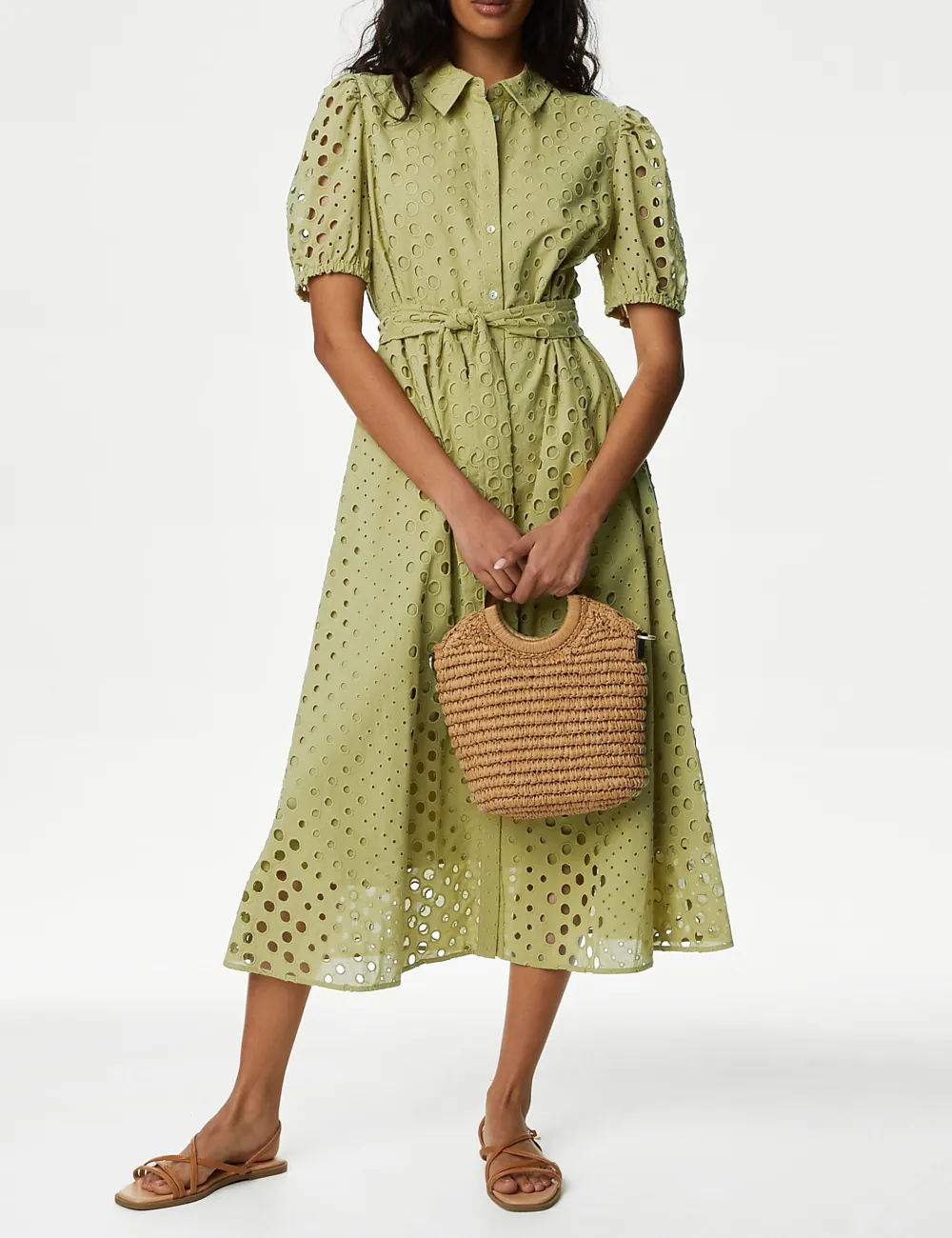 Pure Cotton Broderie Midi Shirt Dress