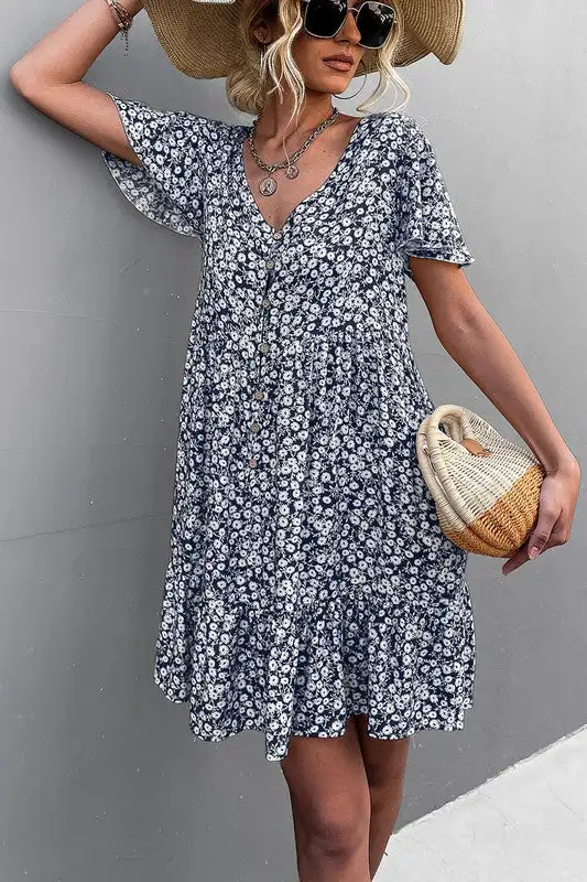 Floral Short Sleeve V Neck Midi Length Dress