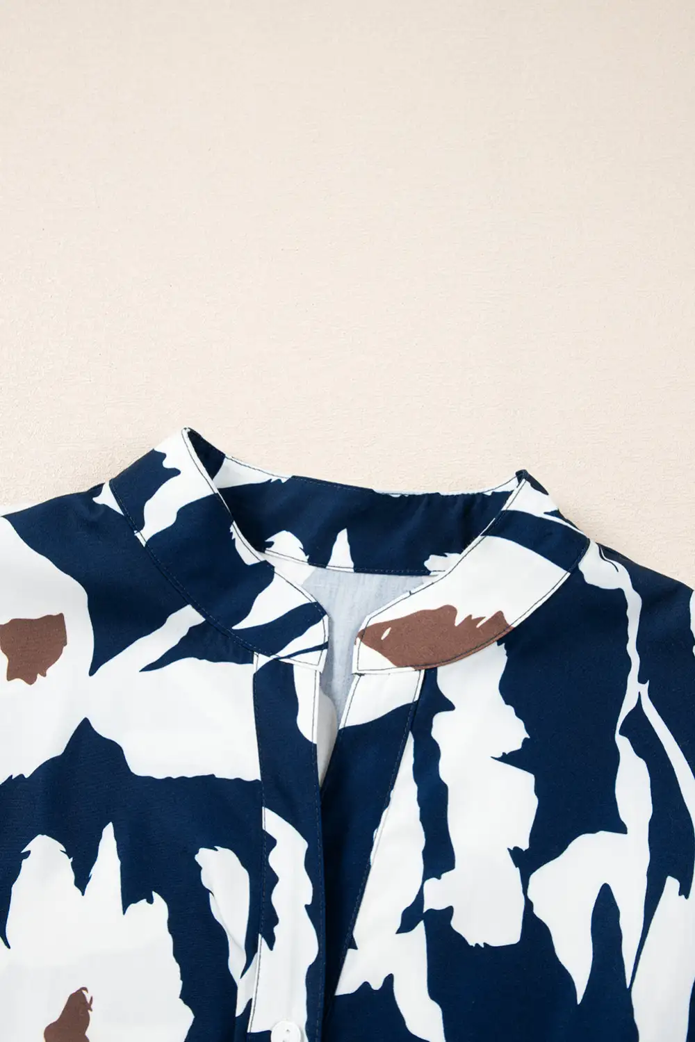 Abstract Floral Print Puff Sleeve Half Button Blouse