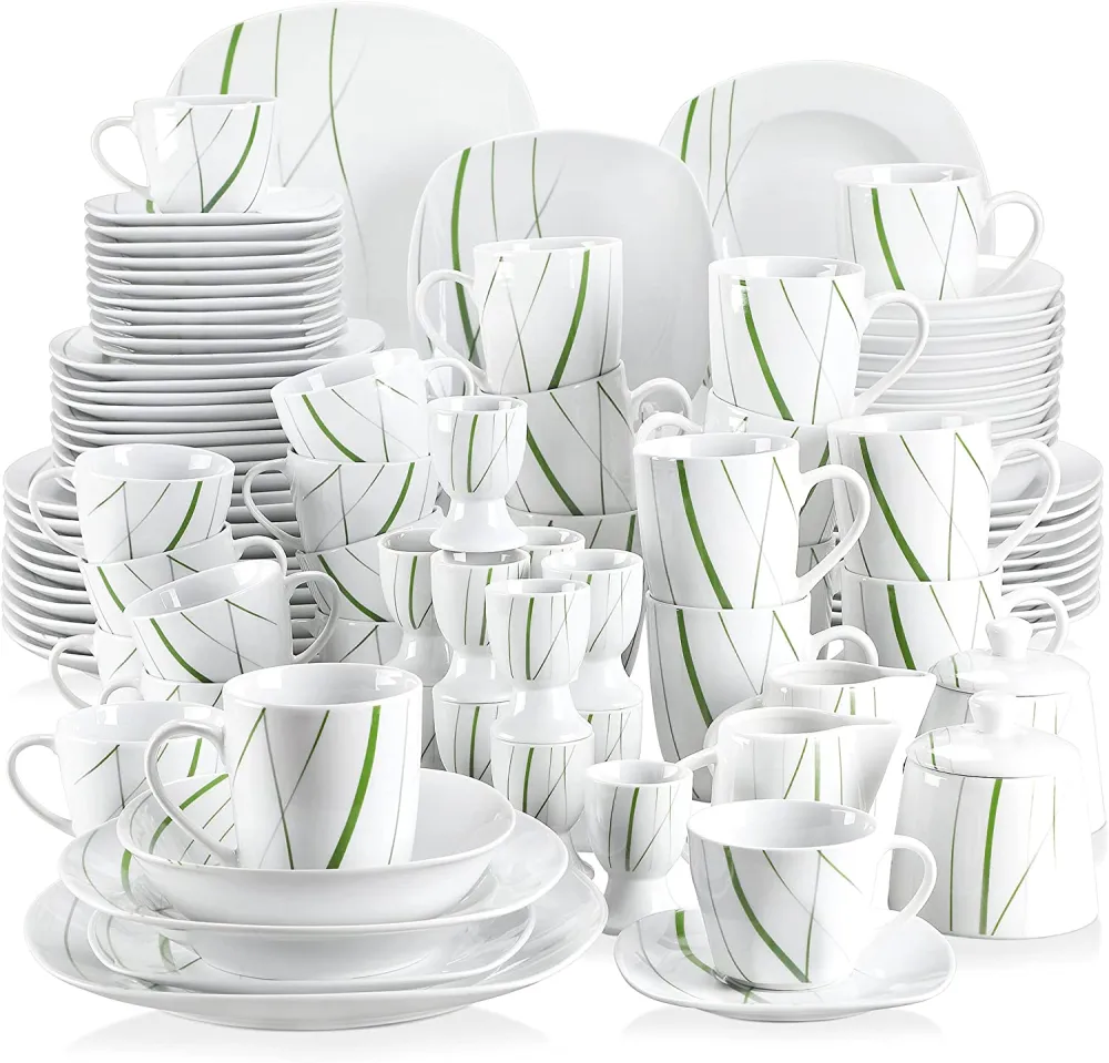 VEWEET, Series Fiona, 100-Piece Plates and Bowls Sets for 12, Including Porcelain Dishes Sets, Bowls, Mugs, Egg Cups, Cup and Saucer Set, Milk Jug and Sugar Pot Set, Microwave and Dishwasher Safe