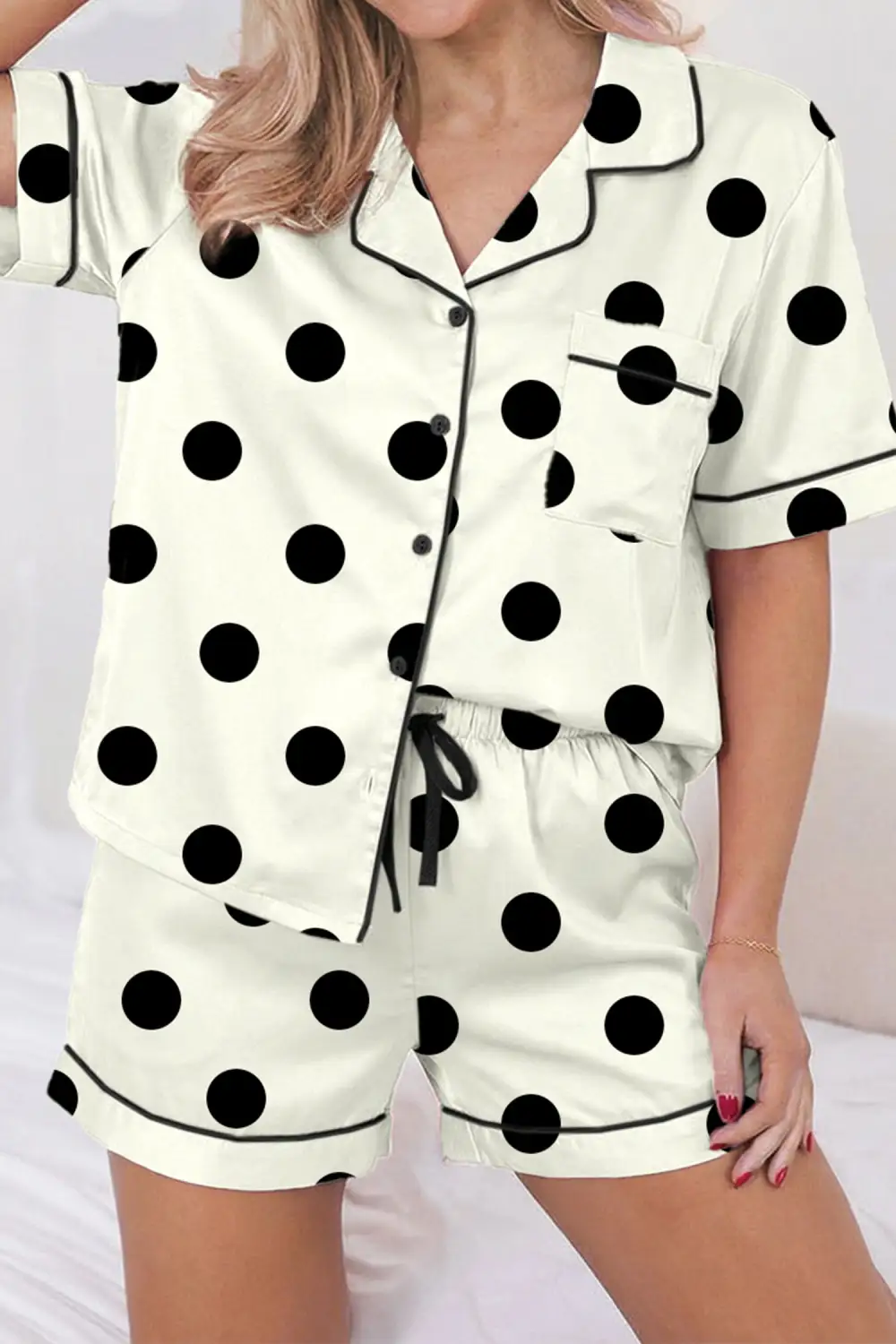 Lapel Collar Drawstring Waist Short Pajama Set