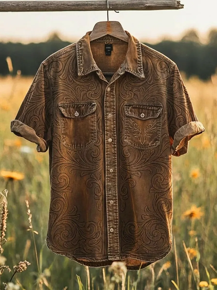 Men's Western Style Tooled Leather Pattern Printed Shirt