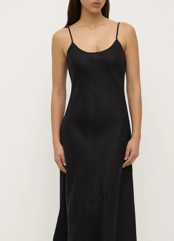 Black Linen Bias-Cut Slip Dress