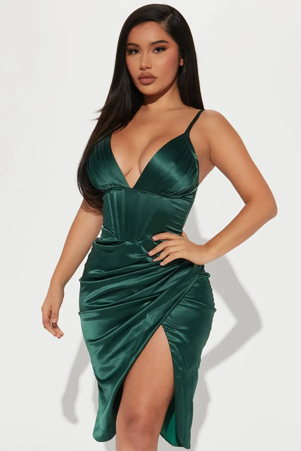 Hopelessly In Love Satin Midi Dress - Hunter