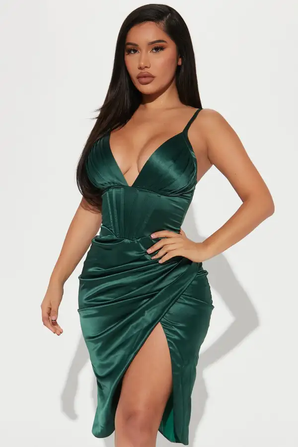 Hopelessly In Love Satin Midi Dress - Hunter