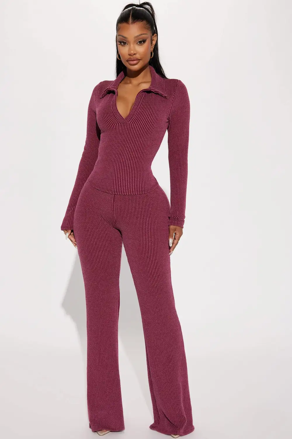 Josie Ribbed Long Sleeve Set - Burgundy