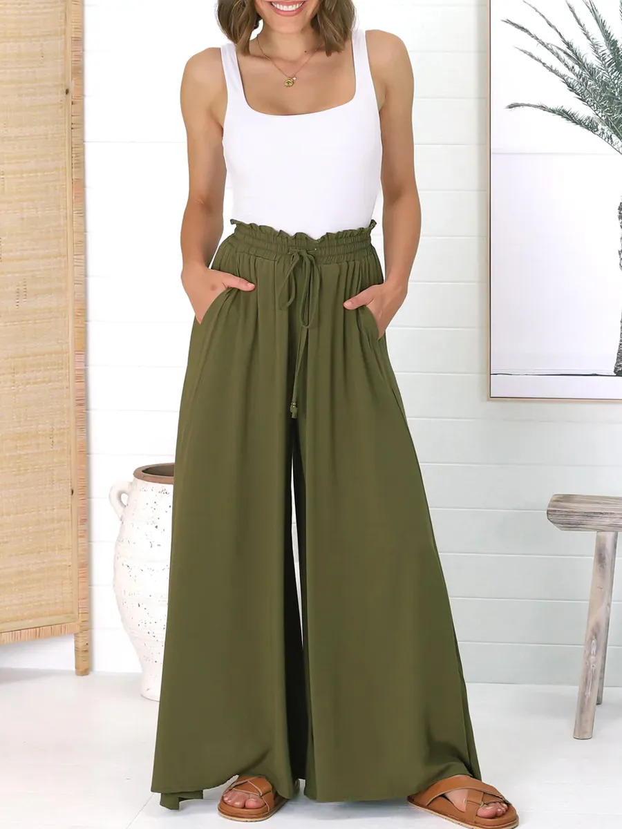 Army green cotton hemp vacation pants wide-leg pants