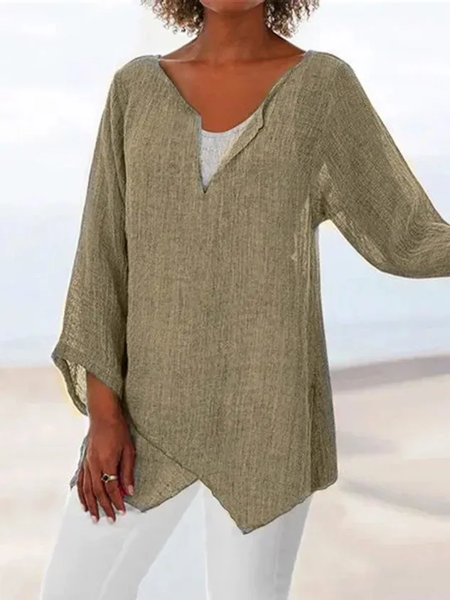 Women's V Neck Linen Solid Summer Blouse