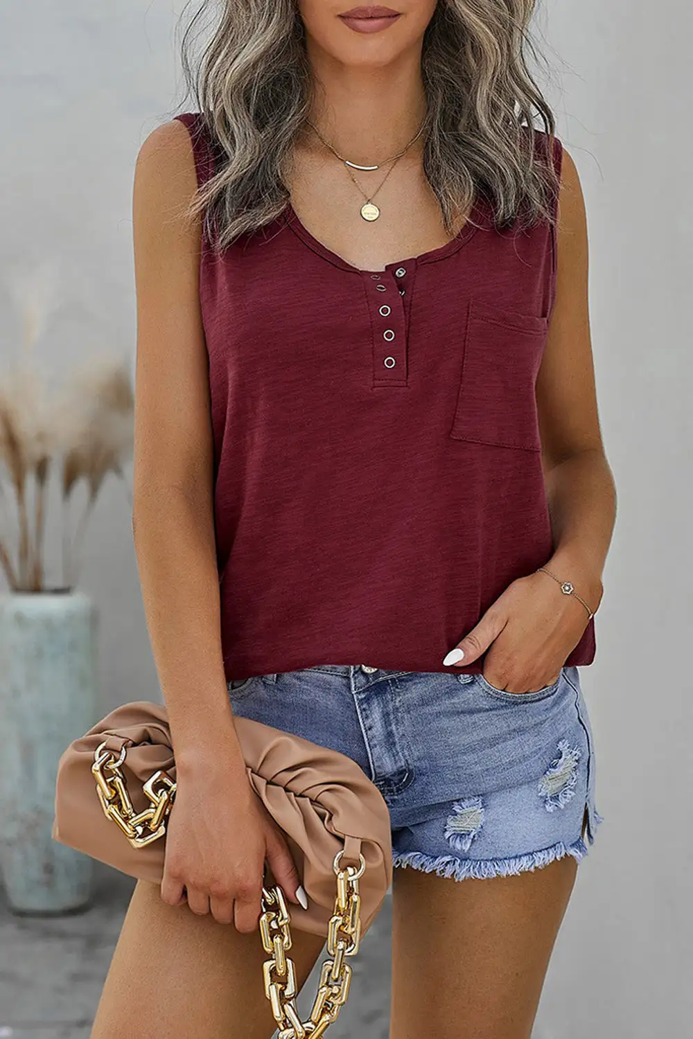 Snap Buttons Scoop Neck Tank Top Pocket