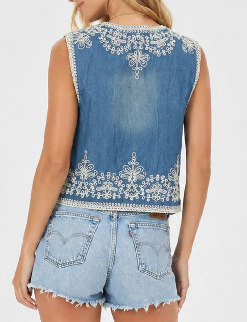Rhinestone Embroidery Button Front Denim Vest