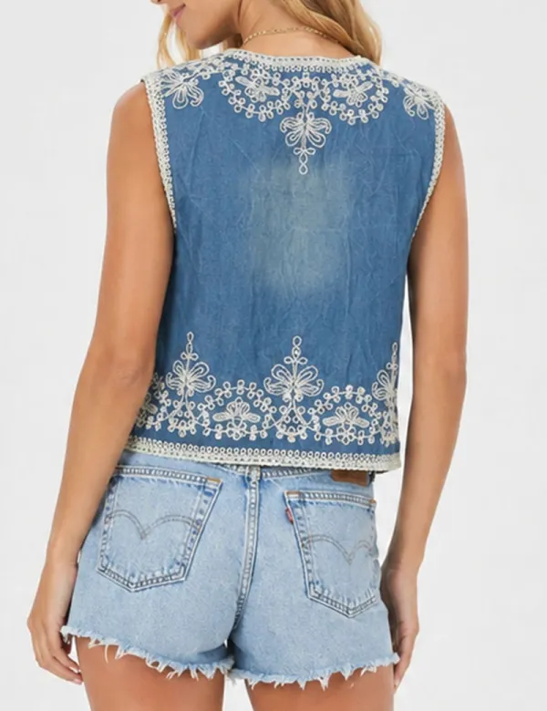 Rhinestone Embroidery Button Front Denim Vest