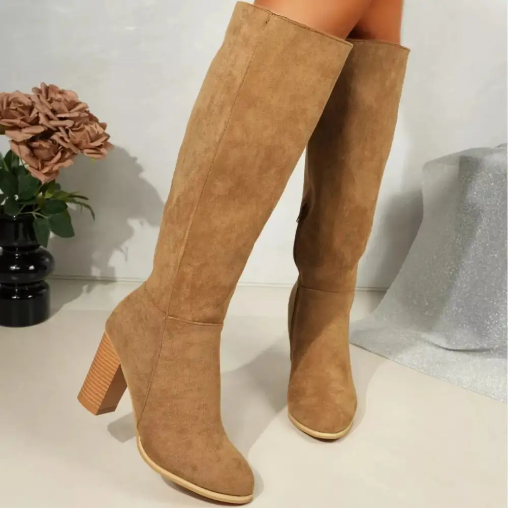 Pointed Toe Knee High Suede Block Heel Boots