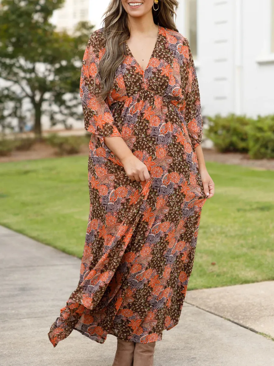 Fragmented floral pattern loose fitting long dress