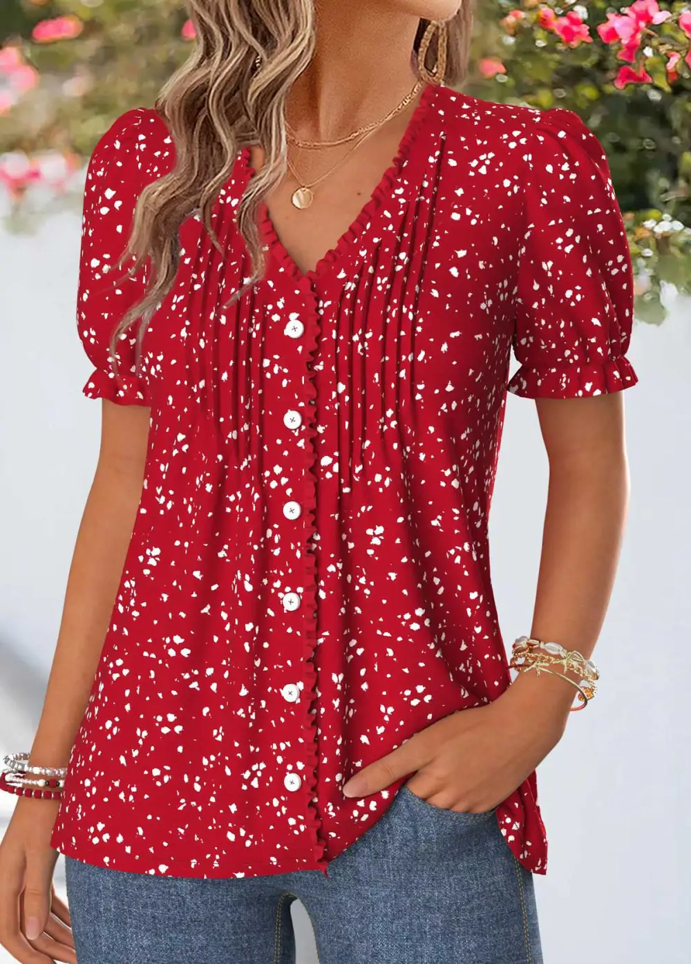Red Geometric Print Frill Short Sleeve T Shirt