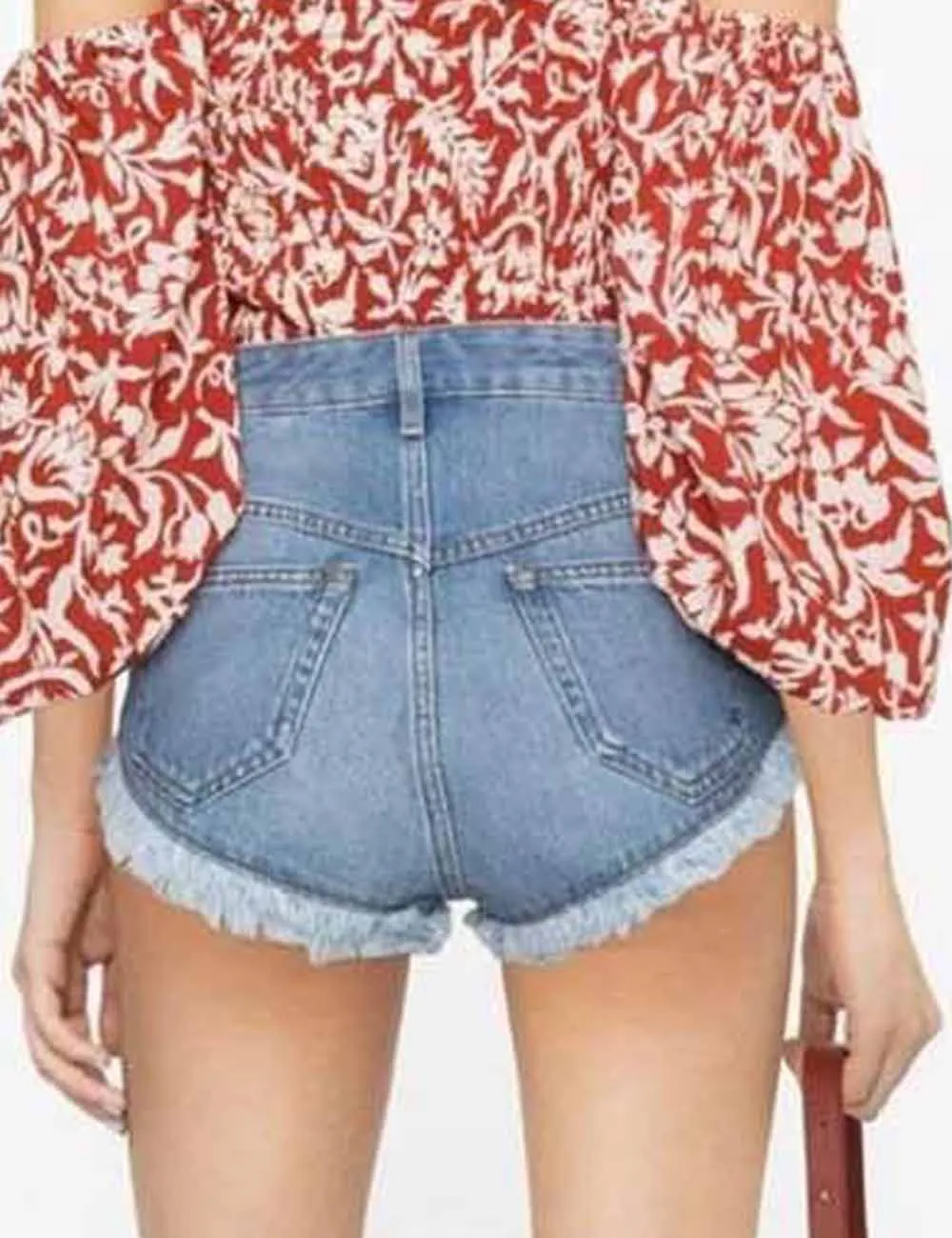 Button Closure Raw Frayed Hem Denim Shorts