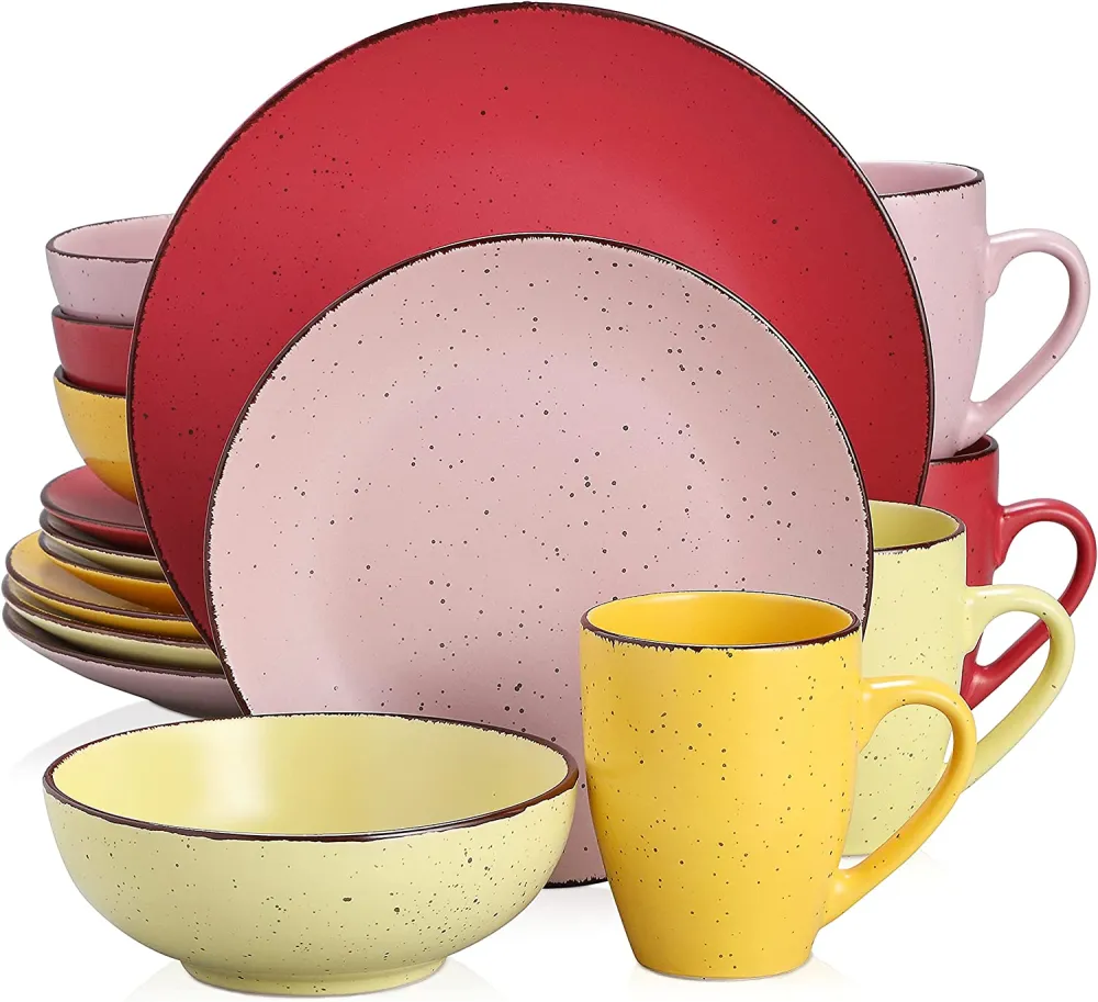 vancasso Navia Ceramic Dinnerware Set, 48 pieces Set of 12 Stoneware Spray Spot Patterned Service Dish with Dinner Plates, Salad Plates, Bowls, Mugs - Grey