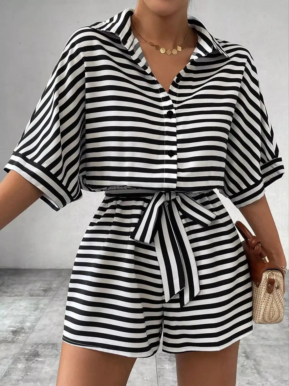 Striped Button Front Romper