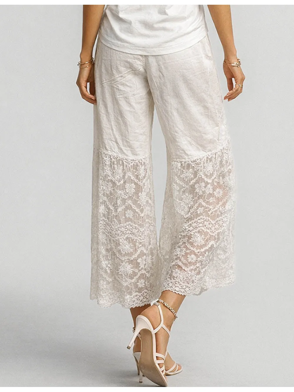 Elastic Waist Lace Panel Wide Leg Pants
